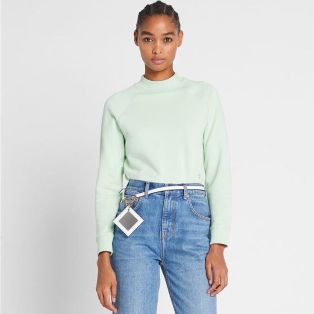 Tory Burch Mint Green Cotton Sweatshirt XL | Cropped Crewneck Pullover